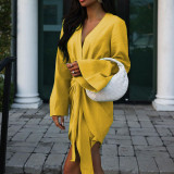 Ladies Fashion Chic Bell Bottom Sleeve V Neck Linen Dress