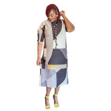 Ladies Round Neck Print Pleated Dress
