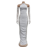 Women's Fashion Solid Color Long Gloves Hollow Lace Long Dress