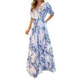 Summer Ladies Fashion V Neck Loose Maxi Print Dress