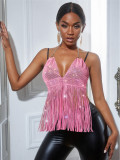 Ladies Mesh Rhinestone Deep V Sexy Tassel Backless Top