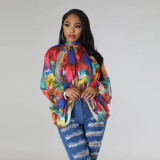 Women's Summer Lace-Up Printed Chiffon Shirt Bat Sleeves Top
