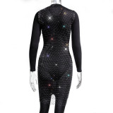 Women Mesh Diamond Round Neck Dress