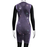 Women Mesh Diamond Round Neck Dress