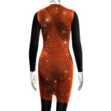 Women Mesh Diamond Round Neck Dress