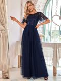 Women Short Sleeve Lace Patchwork Round Neck mesh Evening Dress