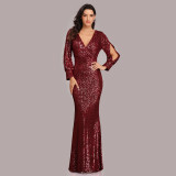 Plus Size Women Long Sleeve V-Neck Sequined Mermaid Evening Dress