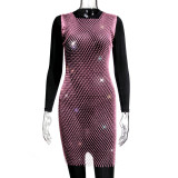 Women Mesh Diamond Round Neck Dress