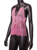 Ladies Mesh Rhinestone Deep V Sexy Tassel Backless Top