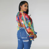 Women's Summer Lace-Up Printed Chiffon Shirt Bat Sleeves Top