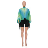 Women's Summer Lace-Up Printed Chiffon Shirt Bat Sleeves Top