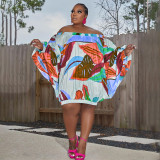 plus size off shoulder printed bat long sleeve loose dress