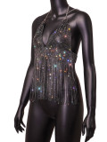Ladies Mesh Rhinestone Deep V Sexy Tassel Backless Top