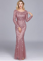 Women Long Sleeve Round Neck Zip Mermaid Skirt Formal Party Evening Dress