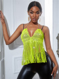 Ladies Mesh Rhinestone Deep V Sexy Tassel Backless Top