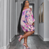 plus size off shoulder printed bat long sleeve loose dress