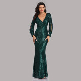 Plus Size Women Long Sleeve V-Neck Sequined Mermaid Evening Dress
