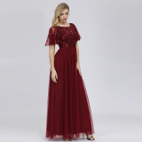 Women Short Sleeve Lace Patchwork Round Neck mesh Evening Dress
