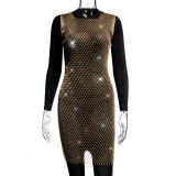 Women Mesh Diamond Round Neck Dress