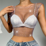 Women Summer Sexy Cutout Halter NeckSolid Square Neck Fishnet Shirt