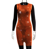 Women Mesh Diamond Round Neck Dress