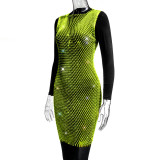 Women Mesh Diamond Round Neck Dress
