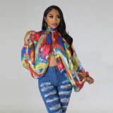 Women's Summer Lace-Up Printed Chiffon Shirt Bat Sleeves Top