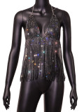 Ladies Mesh Rhinestone Deep V Sexy Tassel Backless Top