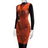Women Mesh Diamond Round Neck Dress