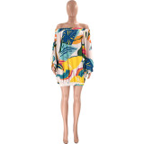 plus size off shoulder printed bat long sleeve loose dress