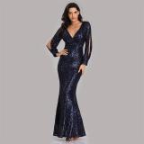 Plus Size Women Long Sleeve V-Neck Sequined Mermaid Evening Dress