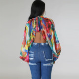 Women's Summer Lace-Up Printed Chiffon Shirt Bat Sleeves Top