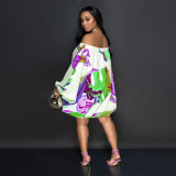 plus size off shoulder printed bat long sleeve loose dress