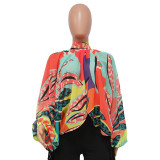Women's Summer Lace-Up Printed Chiffon Shirt Bat Sleeves Top