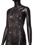 Ladies Mesh Rhinestone Deep V Sexy Tassel Backless Top