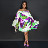 plus size off shoulder printed bat long sleeve loose dress