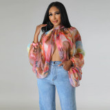 Women's Summer Lace-Up Printed Chiffon Shirt Bat Sleeves Top