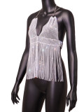 Ladies Mesh Rhinestone Deep V Sexy Tassel Backless Top