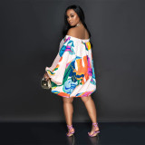 plus size off shoulder printed bat long sleeve loose dress