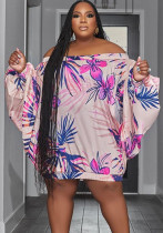 plus size off shoulder printed bat long sleeve loose dress