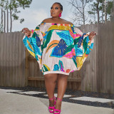 plus size off shoulder printed bat long sleeve loose dress