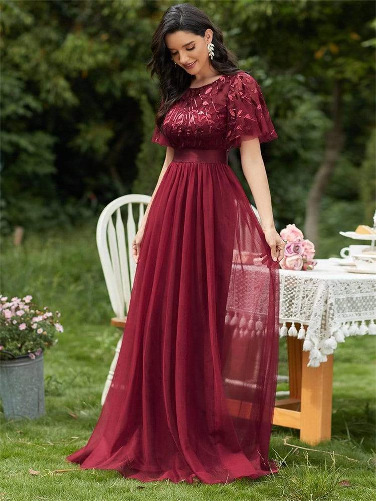 Women Short Sleeve Lace Patchwork Round Neck mesh Evening Dress