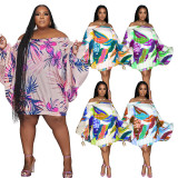 plus size off shoulder printed bat long sleeve loose dress