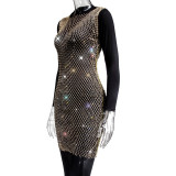 Women Mesh Diamond Round Neck Dress