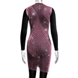 Women Mesh Diamond Round Neck Dress