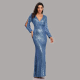 Plus Size Women Long Sleeve V-Neck Sequined Mermaid Evening Dress