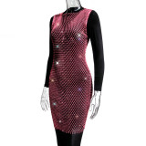 Women Mesh Diamond Round Neck Dress