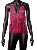 Ladies Mesh Rhinestone Deep V Sexy Tassel Backless Top