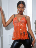 Ladies Mesh Rhinestone Deep V Sexy Tassel Backless Top