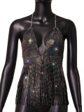 Ladies Mesh Rhinestone Deep V Sexy Tassel Backless Top